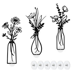 3-Piece Metal Vase Floral Wall Art - Rustic Farmhouse Decor Metal Wall Art Black Minimalist Floral Nature Theme Wall Decor Suitable for Home Bedr